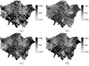 Figure 6: Birth weight: (a) observed, and smoothed utilizing (b) the proposed model, (c) the model ofFern`andez & Green (2002), and (d) an MCAR model.
