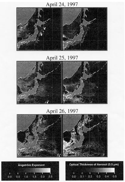 Fig. 5. Local distribution of α (left) and τa(0.5) (right) around Japan on April 24, 25, 26 in 1997.