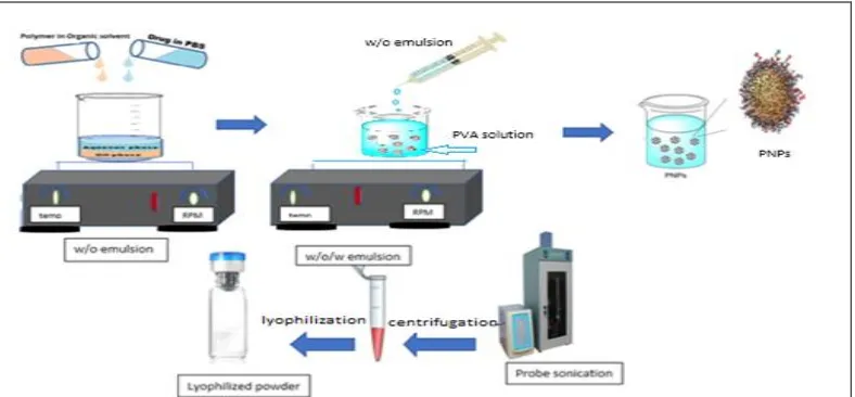 FIG. 1: METHOD OF PREPARATION OF POLYMERIC NANOPARTICLE BY DOUBLE EMULSION SOLVENT  EVAPORATION METHOD 