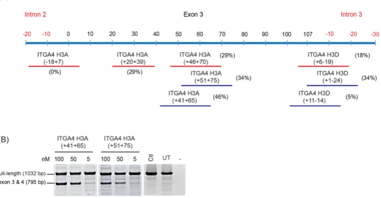 Figure 4.(AOs targetingFigure 4. A) RT-PCR analysis of ITGA4 transcripts demonstrating refinement of splice switching AOs targeting ITGA4 exon 3