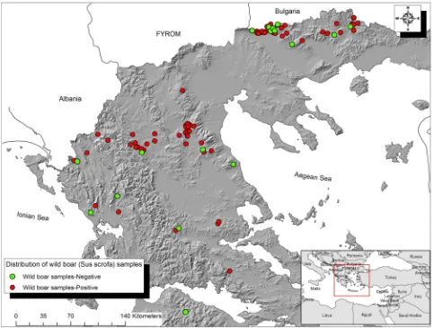 FIG 3:Map of the study area, showing the origin of wild boar samples found seropositive to at least one of the 10 pathogens(red dots) and those found seronegative to all of the 10 pathogens (green dots)