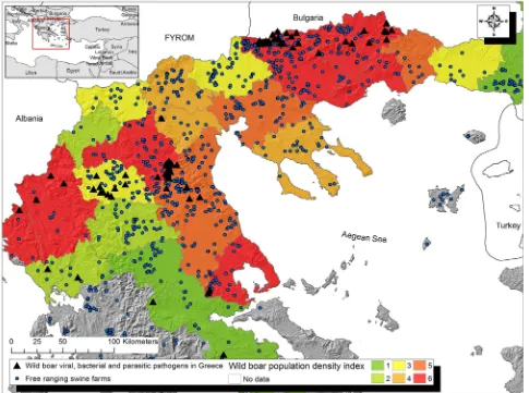 FIG 4:Map of the study area, showing the origin of wild boar samples found seropositive to at least one of the 10 pathogens,the free-ranging swine farms and the overall wild boar population density