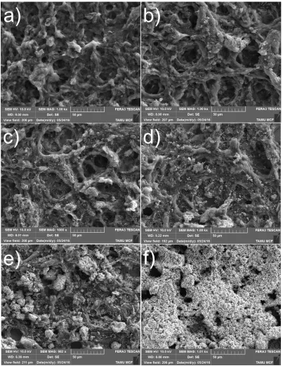 Fig. 2. Scanning electron microscopy image of the active material with different LiMnPO(4 percentages (a) 0, b) 20, (c) 40, (d) 60, (e) 80, and (f) 100 wt%.