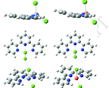 Fig. 6.  Geometries of investigated complexes optimized in gas phase from three different perspectives: [ZnCl2(terpy)] – left and [CuCl2(terpy)] – right