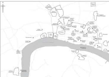 Fig. 2. The precincts of London’s religious houses overlaid in a GIS on to the city’s principal streets