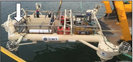 Fig. 1 FAST-1 sensor platform developed by FORCE and deployed at the FORCE test site.  White arrow indicates location of AZFP transducer
