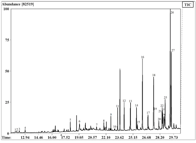 Fig. 2. Chromatogram obtained by GC/MS analysis of extract C from C. minor leaves.  