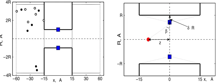 Figure 1. Left: sketch of the model. The middle block represents the protein,the ion with the selectivity site and the vertical axis isdisplacement of the selectivity site isthrough which there is a cylindrical hole approximating the open ion channel.The m