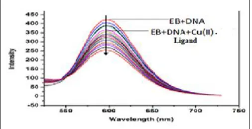 FIG. 4: EMISSION SPECTRA OF EB BOUND TO DNA IN TRIS-HCL BUFFER (pH 7.2) IN THE ABSENCE AND PRESENCE OF THE COPPER COMPLEX