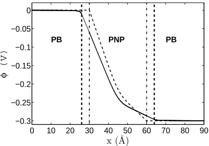 FIG. 3: Electrostatic potential in the model, calculated for the following boundary conditions: