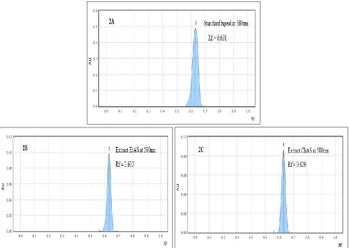 FIG. 2: DENSITOGRAM OF STANDARD LUPEOL, EXTRACT EtAS AND ChAS. Fig. 2A, 2B and 2C represent chromatogram or densitogram of standard lupeol, extract EtAS and ChAS respectively at 580nm