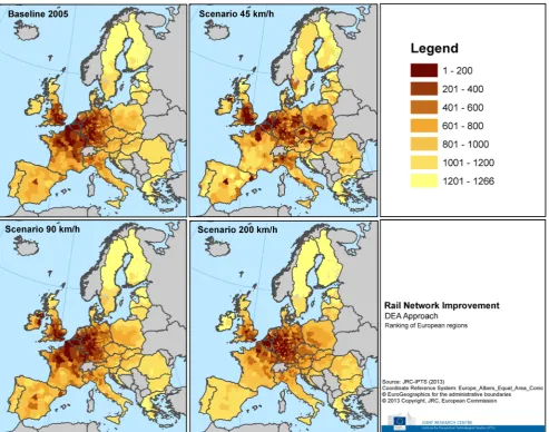 Fig. 7 DEA-based ranking of accessibility across Europe and for each scenario
