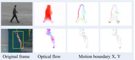 Fig. 8. Illustration of raw, optical ﬂow and MBH (x, y) images of two action sequences from the KTHdataset (top) and the UCF sports dataset (bottom), respectively