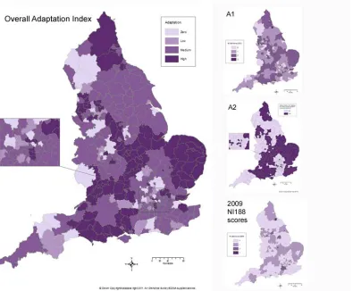 Figure 2: Climate change adaptation in England, including inset maps of scores for indicators A1 (NI 188 score for 2010); A2 (inclusion of NI 188 in the Local Area Agreement) and the NI 188 score for 2009 (indicator A3 is a measure of the change between 20