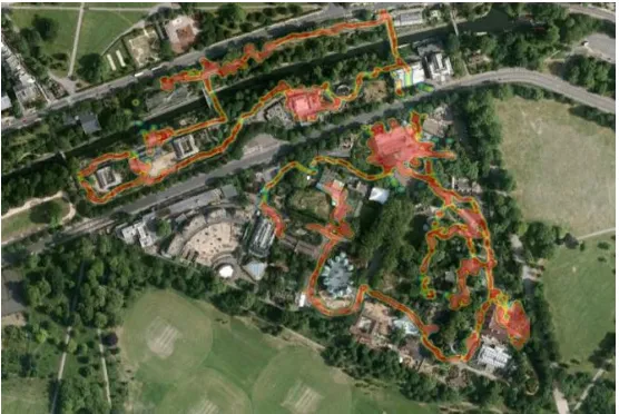 Figure 3: The heatmap created by analysis the track of a single family visit at the London Zoo