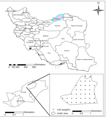 Figure 1. The location of the area under study and distribution of measured points 