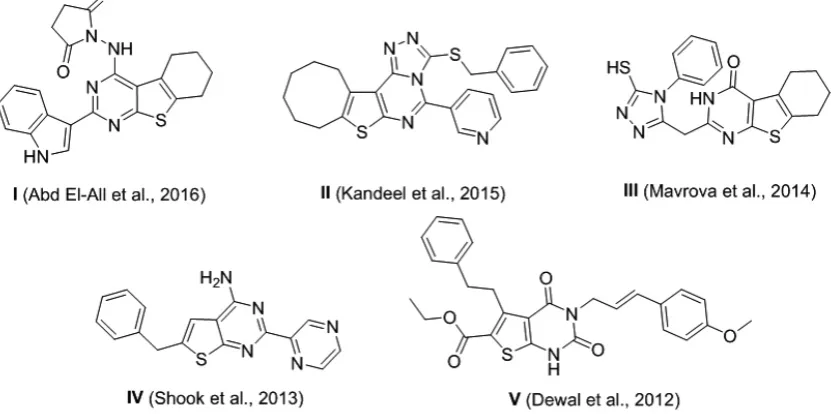 Figure 1. Structures of some bioactive thieno[2,3-d]pyrimidines and thieno[2,3-d]pyrimidones.