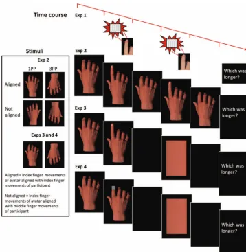 Figure 1.The visual stimuli (created using Smith Micro Software’s Poser 7.0) and time course for theaction-related events in each of the four experiments