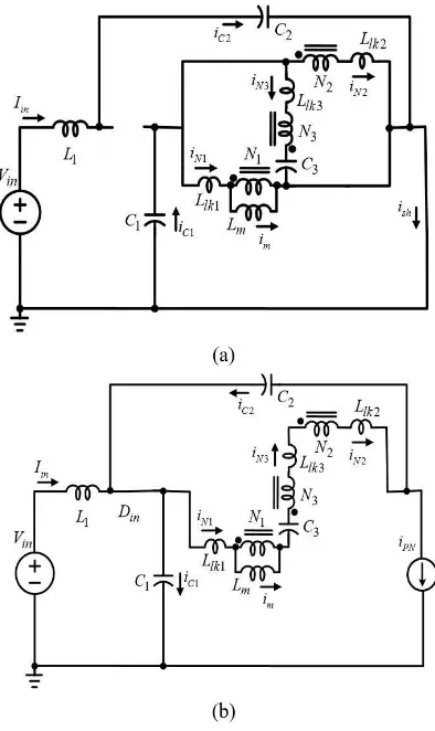 Fig. 3. Simplified equivalent circuit of the proposed inverter during, (a) shoot-through state, and (b) non-shoot-through state
