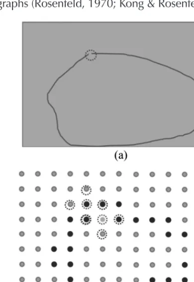 Figure 1. (a) Connection in a continuous space is established by removing a single element from the boundary between two sets; (b) there is a topological paradox to establish boundaries using 4-connected criteria in a conventional digital space 