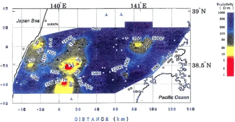 Fig. 6. Hypocentral distribution of earthquakes in the lower crust between depths 15 to 30 km plotted on the modeled resistivity distribution at a depth of22.5 km, clearly within the lower crust.