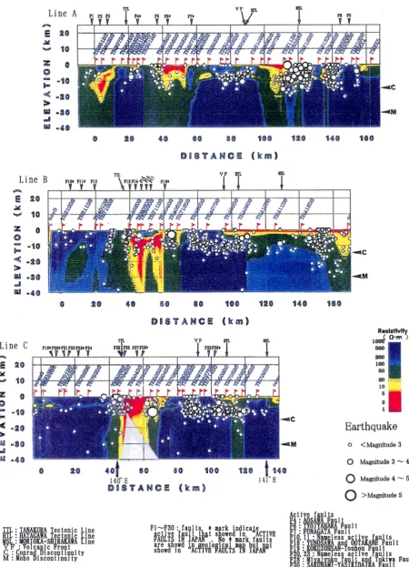 Fig. 3.Two-dimensional resistivity models for the TM mode along the three transects using “corrected” impedance tensors