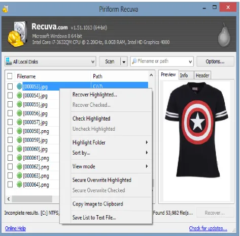 Figure 4. Recuva Interface 