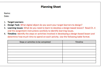 Figure 3. Planning Sheet Template for the Design-Based Lesson Assignment 