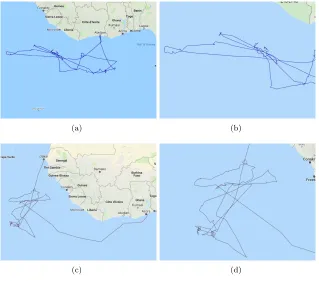Figure 1:(a) and (c) Lines interpolated representation of raw S–AIS tracks for two individualvessel by using purse seine ﬁshing gear; (b) and (d) more ﬁne–scale of track ﬁshing behaviorfor a purse seiner of tracks in (a) and (c), respectively..