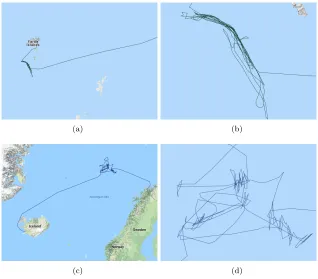 Figure 2:(a) and (c) Lines interpolated representation of raw S–AIS tracks for two individualvessel by using trawl ﬁshing gear; (b) and (d) more ﬁne–scale of track ﬁshing behavior for atrawler of tracks in (a) and (c), respectively.
