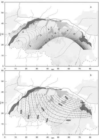 Fig. 3. 3D MT/GDS ﬁnal model after 400 iterations. (a) Isolines of the depth to the 0.2 �m body (km)