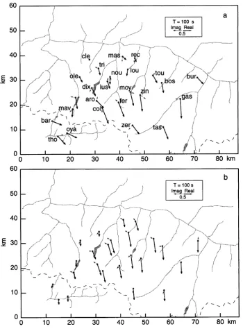 Fig. 6. Real and imaginary induction arrows at 100 s for (a) measured data and (b) response of model shown in Figs