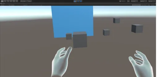 Figure 2: View of hand grabbing the nodes using Oculus touch controllers in immersive environment 