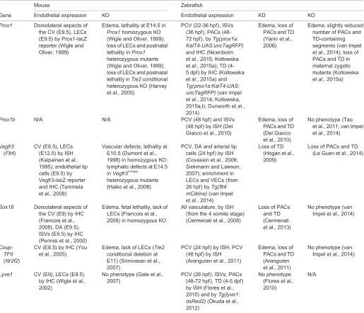 Table 1. Factors involved in lymphatic specification: insights from KO and KD studies