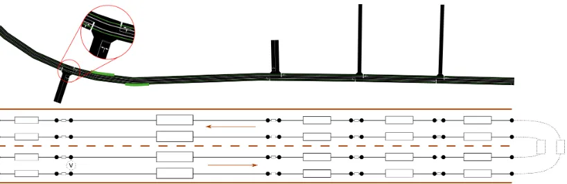 Figure 3: Scheme of the electric circuit corresponding to the overhead wire on a selected route.(A detail to GUI shapes of overhead wires is zoomed.)