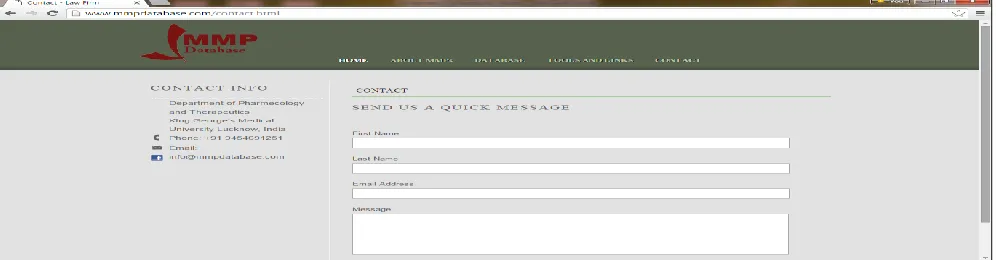 FIG. 6: WEB PAGE OF MMPDATABASE WITH CONTACT INFO IN CASE OF ANY ISSUES RELATED TO DATABASE  