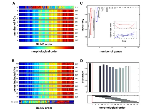 Fig. 3. Performance of the BLIND method. (A) Effect of the number of principal components used for BLIND ordering on performance