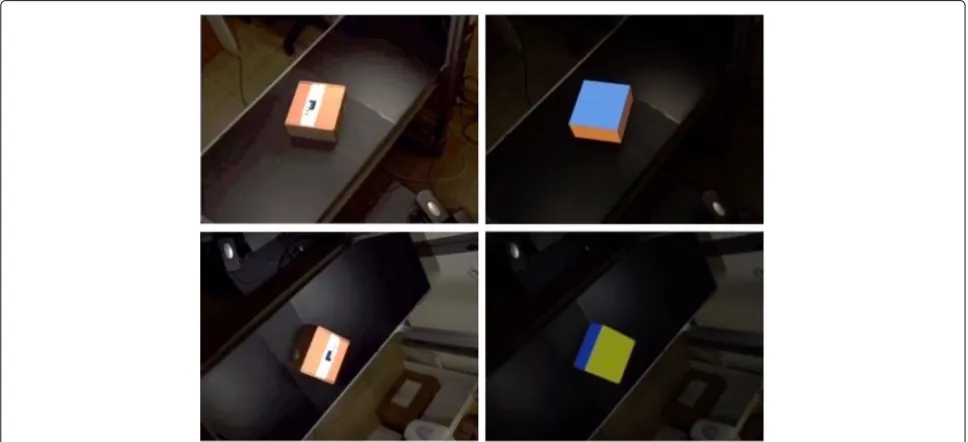 Fig. 6 Two sides of a parcel being scanned (left) and the best 3D fitted model reprojected on the image plane (right)