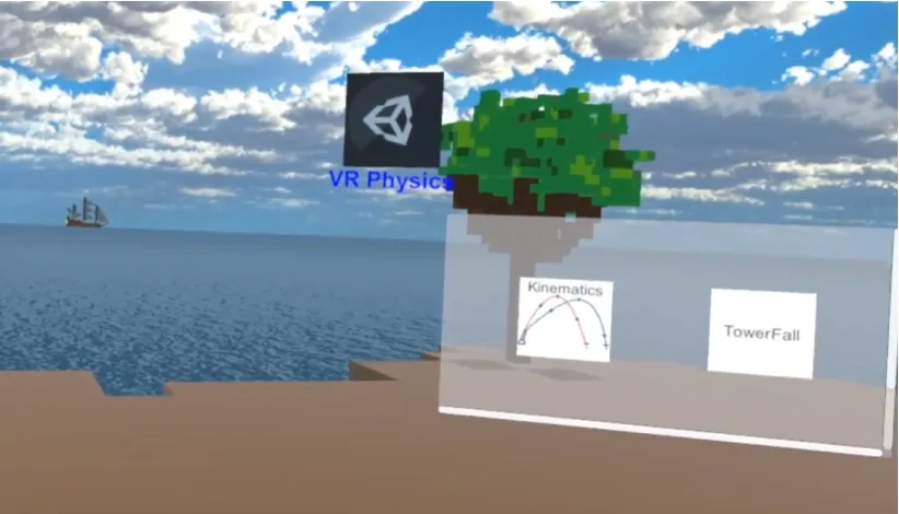 Figure 3: The main menu the user sees upon starting the application. The two game modes“Seaside Blast” and “TowerFall” can be selected with a pointer-like ray and entered with abutton press on the Vive controller.