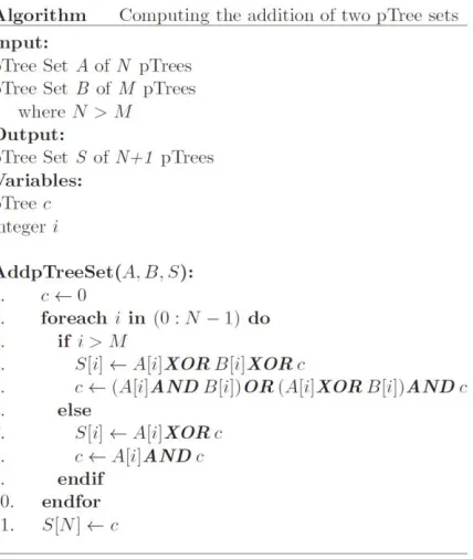 Figure 4: Algorithm to compute the absolute value of a pTree set operations.  