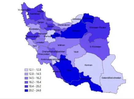 Fig. 2: Percentages of population attributable fraction of hypertension due to obesity by males in provinces of Iran, 2009 