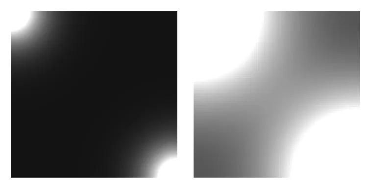 Figure 4: View of the heated grid at the two corners, number of iterations: 3600, stencil: 1(left), stencil: 2 (right).