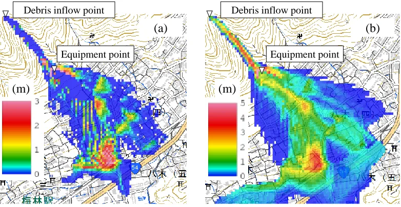 Figure 6:  Complex flood and debris flow disaster: (a) Water depth after 130 s from the occurrence, and (b) Fluid force at the equipment