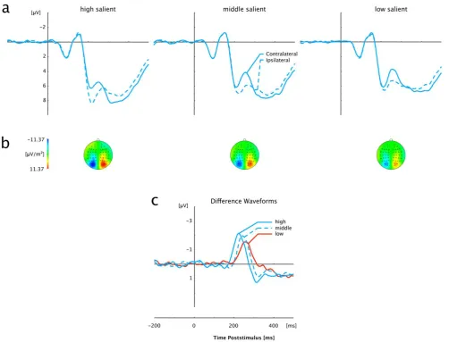 Figure 3. Grand averaged event-related brain potentials elicited in response to color-defined (pop-out) targets at electrodes PO7/PO8.(High, Middle, Low).conditions (High, Middle, Low) at the point in time when the difference between contra- and ipsilatera