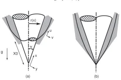Fig. 1. (a) Coordinate system for the boundary layer on a heated frustum of a cone, (b) fullcone, x0 = 0.