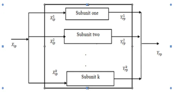 Figure 1. The parallel production system, where a DMUp has k production units. The production possibility set (P P S) of the t − th subunit under the assumption of  vari-able returns to scale is as follows: