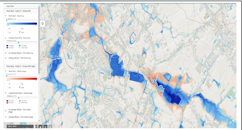 Figure 2: Maximum T-1000 flood depth map nearby Lebbeke 2016 (blue) and 2100 (red)