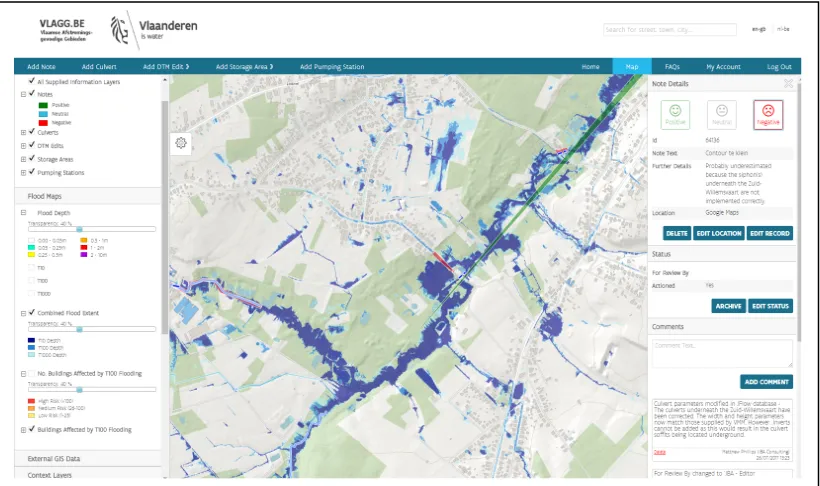 Figure 3: Screenshot of the review-website developed in the VLAGG.be project (combined flood maps nearby Opglabbeek with review notes) 