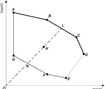 Fig. 1. Convex hull of DMUs with two input and one equal output.