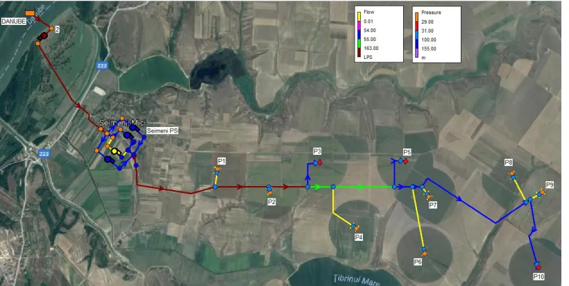 Figure 5:  Flow rate on pipes (in [l/s]) and pressure in nodes (in [mWG]), displayed using colour bars, for the operation of pivots P3, P5 and P10, within configuration , for 2 .0973 